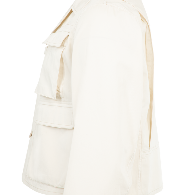 Image 3 of 3 - WHITE - LEMAIRE Compact Cotton Twill Short Utility Jacket featuring front button closure, button cuffs, 4-pocket styling and midweight twill fabric. 100% cotton. Made in Italy. 