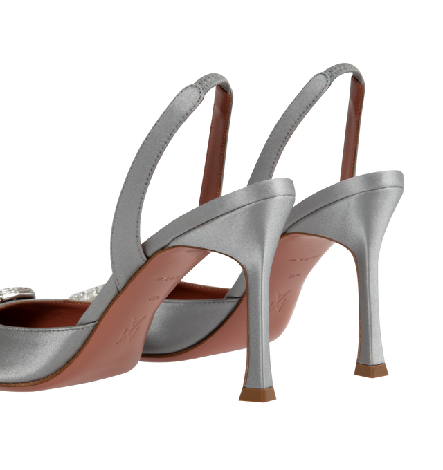 Image 3 of 4 - GREY - AMINA MUADDI Camelia Satin Heels featuring leather covered heel, satin upper, slingback strap with elastic insert, embellished with crystals, pointed toe, leather lining and insole and leather sole with rubber inserts. 100% silk. Made in Italy. 