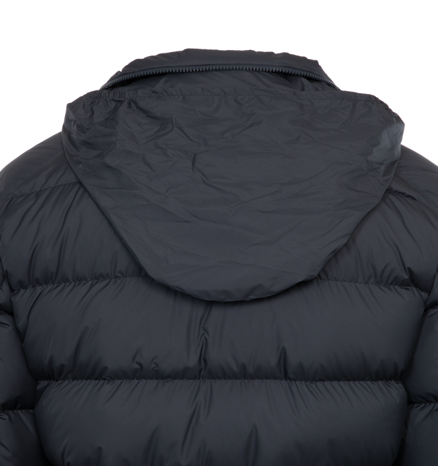 NAVY - MONCLER Solayan Jacket featuring down-filled, stand collar with collapsable hood, zipper closure, zipped pockets, adjustable cuffs with snap button closure and stripes on sleeve. 100% polyester. Padding: 90% down, 10% feather. 