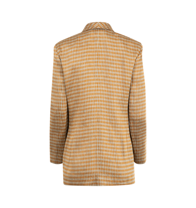 Image 2 of 3 - ORANGE - THE ROW Jeremiah Jacket featuring streamlined double-breasted blazer in tropical linen suiting with rounded notched lapels, side welt pocket, and single horn button closure with single interior button. 70% linen, 30% viscose. Lined in 100% silk. Made in Italy. 