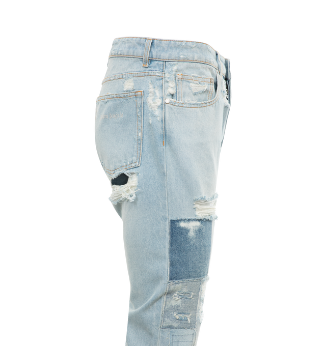 Image 3 of 3 - BLUE - PALM ANGELS Destroyed Jeans featuring patchwork detailing, ripped detailing, belt loops, front button fastening, classic five pockets and straight leg. 100% cotton. 