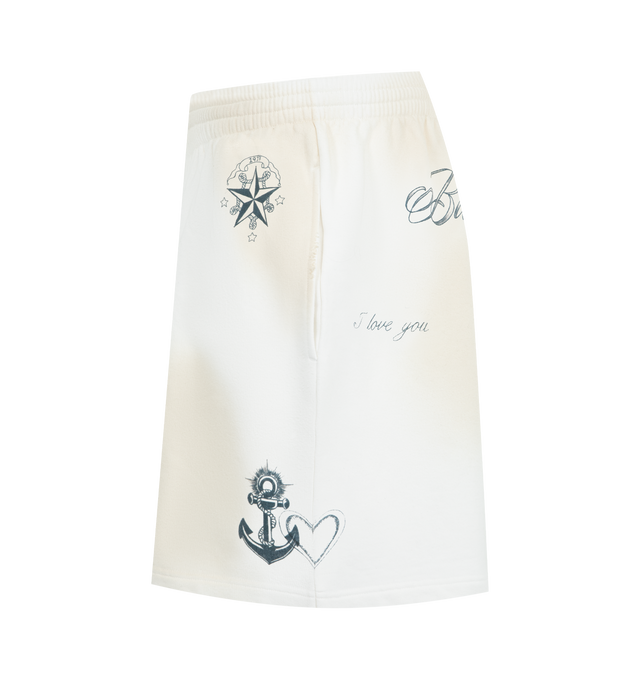 Image 3 of 4 - WHITE - BALENCIAGA Shorts featuring dry fleece, elasticated waistband, 2 slash pockets, distressed and printed graphics throughout. 100% cotton. Made in Portugal. 