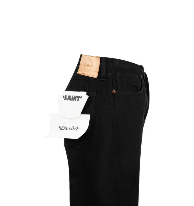 Image 3 of 3 - BLACK - Saint Michael Men's Straight Leg Black Denim Jeans are crafted from 100% cotton denim and feature a classic straight-leg silhouette with the brand's signature worn-in aesthetic. Finished in versatile black, these designer jeans draw on vintage Americana influences while maintaining a clean, timeless profile for everyday styling. Main Material: 100% Cotton. Fit: Straight Leg. Color: Black. 