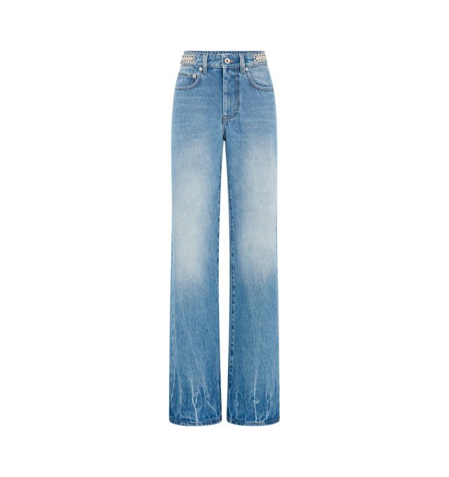 BLUE - RABANNE Embellished Jeans featuring straight-leg, non-stretch denim, fading and whiskering throughout, belt loops, graphic hardware at waistband, five-pocket styling, zip-fly, logo-engraved silver-tone hardware and contrast stitching. 100% cotton. Made in Tunisia.