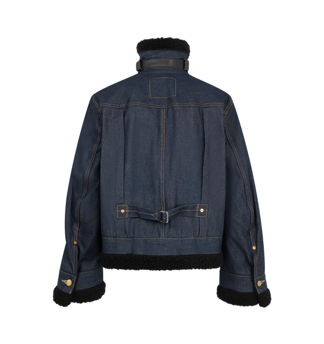 Image 2 of 6 - BLUE - Sacai X Levi's Women's Denim Jacket are crafted from a premium dark wash rigid indigo denim paired with contrasting plush black faux-shearling/sherpa accents at the collar, cuffs, and hem. Main Material: 100% Cotton. Made in Japan. 