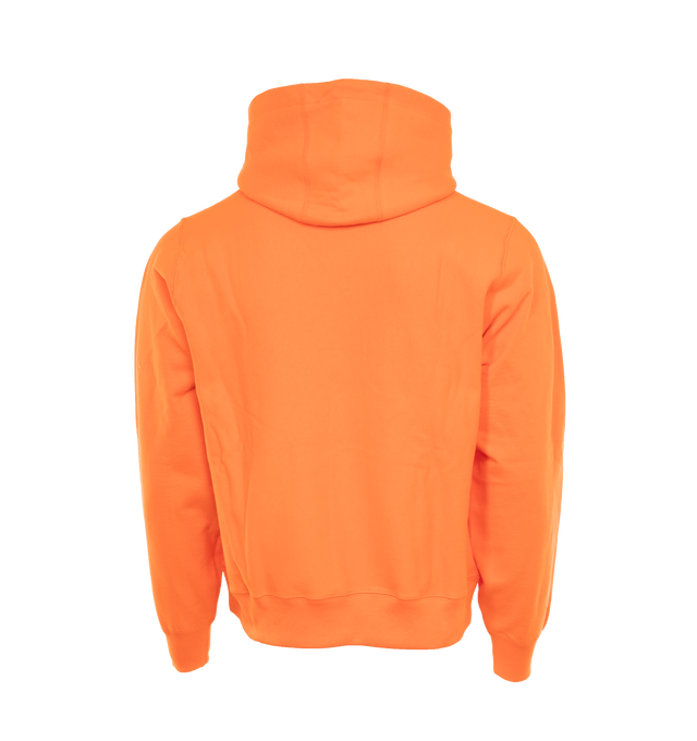 Image 2 of 3 - ORANGE - NOAH Classic Hoodie featuring brushed-back fleece, kangaroo pocket, hood with drawstring, ribbed hem and cuffs and logo embroidery on pocket. 100% cotton. Made in Canada. 