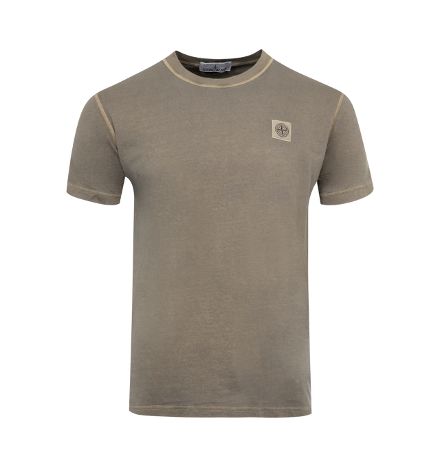 Image 1 of 2 - BROWN - STONE ISLAND Tee featuring short sleeves, crew neck, contrast trim and logo patch on chest. 100% cotton. 