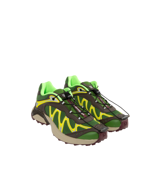 Image 2 of 5 - GREEN - Salomon XT-Whisper Sneakers have Quicklace closures, mesh and faux nubuck details, padded collars, molded OrthoLite insoles,  Agile Chassis System foam rubber midsoles, and treaded Contagrip rubber soles. Made in Viet Nam.  