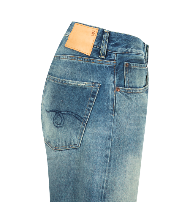 Image 3 of 3 - BLUE - R13 Cuffed X-BF Jeans featuring fading, whiskering, and distressing throughout, straight-leg, belt loops, five-pocket styling, zip fly, rolled cuffs, leather logo patch at back waistband, logo-engraved antiqued copper-tone hardware and contrast stitching. 100% cotton. Made in Italy. 