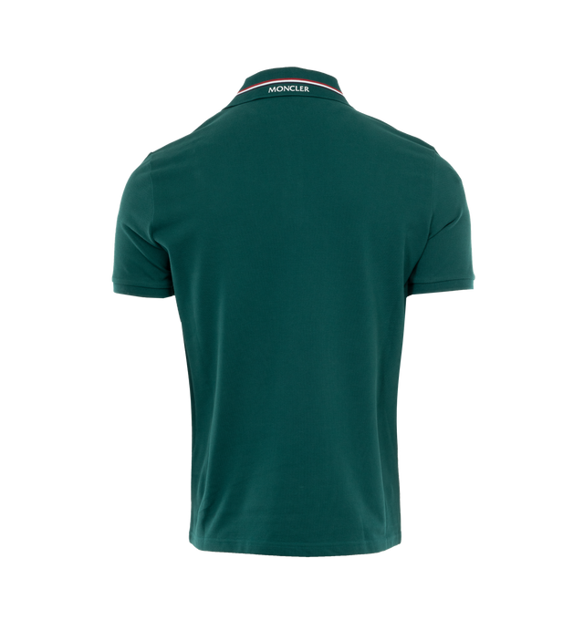Image 2 of 3 - GREEN - MONCLER Logo Polo Shirt featuring short sleeves, knit collar and cuffs, patch polo on chest and tricolor trim. 100% cotton. 