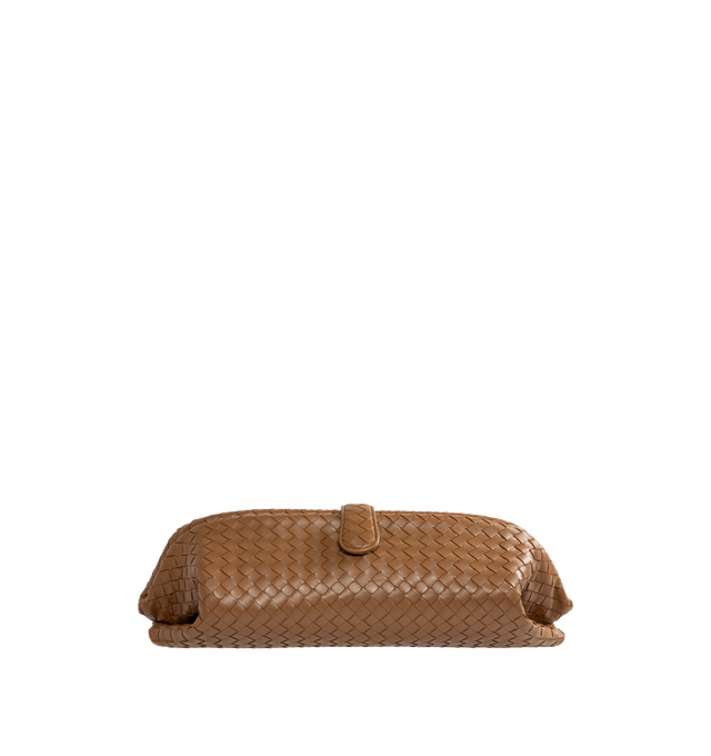Image 1 of 3 - BROWN - Bottega Veneta Women's Intrecciato Lauren 1979 Elongated Clutch is crafted from Intrecciato leather and features an elongated silhouette, an adjustable shoulder strap, and a magnetic flap closure. Designed with a suede-lined interior, this versatile style includes a single compartment with a zip pocket and an internal hand mirror with a leather cover. Main Material: Leather. Lining: Suede. Hardware: Brass Vibrato Finish. Dimensions: 40 x 18 x 6 cm / 15.7 x 7.1 x 2.4 in. Strap Drop: 50 