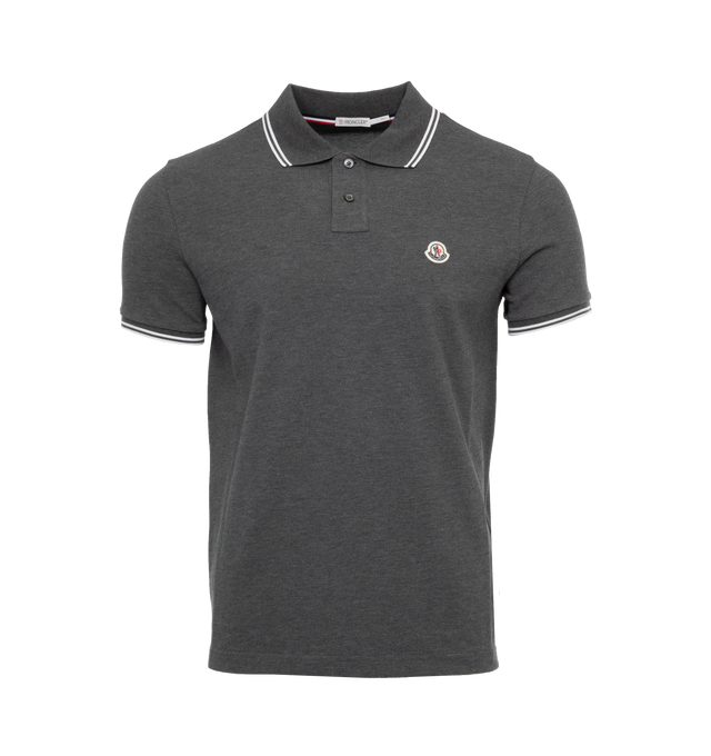 Image 1 of 3 - GREY - MONCLER Logo Polo Shirt featuring collar, button placket closure, short sleeves and felt logo patch. 100% cotton. Made in Turkey. 