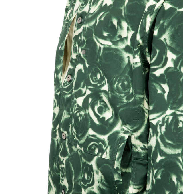 Image 3 of 4 - GREEN - BURBERRY Printed Shirt featuring button fastenings at front, spread collar, buttoned cuffs, relaxed fit, corduroy trim at collar, long sleeves, two slip pockets at sides and all-over contrast floral pattern. 100% cotton. 