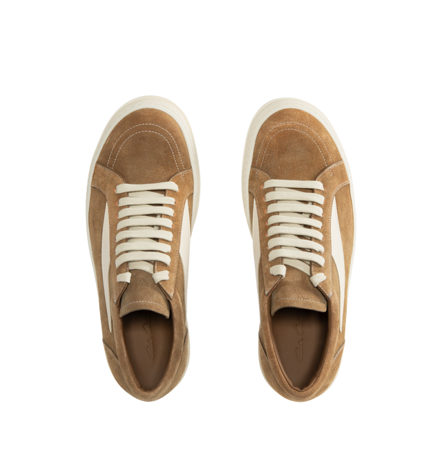 Image 5 of 5 - BROWN - RICK OWENS Vintage Sneakers featuring suede upper, padded collar, cow leather triangular leather applique on the side panels, contrast stitching, flat cotton laces and thermoplastic shark-tooth rubber outsole. Made in Italy. 