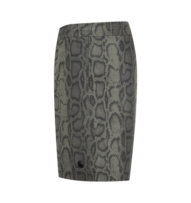 Image 3 of 3 - GREY - CARHARTT WIP Slater Swim Shorts featuring water-repellent taffeta swim shorts, snakeskin pattern printed throughout, drawstring at elasticized waistband, three-pocket styling, logo embroidered at front cuff, bungee-style key loop at back pocket and briefs-style mesh lining. 100% polyester. 