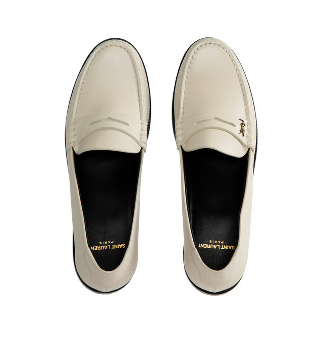 Image 4 of 4 - WHITE - SAINT LAURENT Le Loafer Penny Slippers featuring leather sole, logo embossed on back tab and cassandre in gold toned metal. Calfskin.  