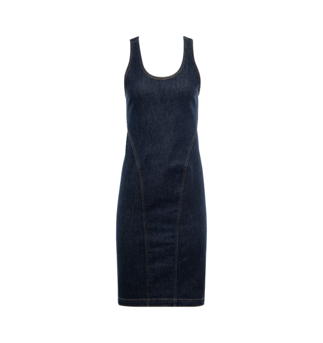 NAVY - Alaia Compact Bodycon Dress in a sleeveless style with straps crossed at the back, open back, scoop neckline and midi length. Made from stretch denim 90% cotton, 8% polyester 2% elastane. Made in Italy.