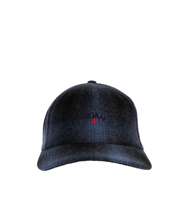 BLUE - NOAH Shadow Plaid 5-Panel Hat featuring embroidered logo at the front, plaid design, five-panel construction, adjustable strap, embroidered eyelets and curved brim. 90% wool, 10% nylon.