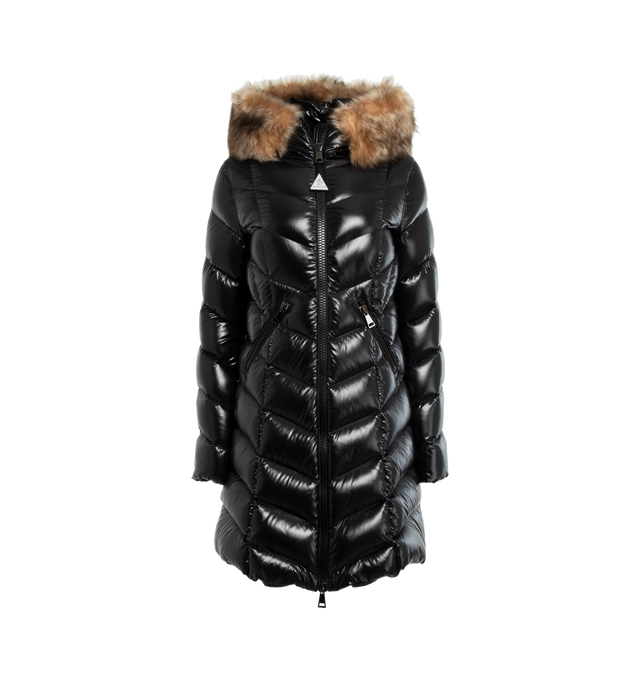 Image 1 of 3 - BLACK - MONCLER Marre Long Down Jacket featuring nylon laqu lining, down-filled, hood, detachable shearling trim, two-way zip closure and zipped pockets. 100% polyamide/nylon. Padding: 90% down, 10% feather. Fur: Sheep. 