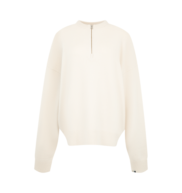 Image 1 of 2 - NEUTRAL - Extreme Cashmere Women's N496 Like Sweater is crafted from a luxurious cashmere blend and features a relaxed drop-shoulder silhouette with a zippered crew neckline for a modern take on a classic knit. This designer cashmere sweater combines exceptional softness with versatile styling, making it an effortless layering piece for everyday wear. Main Material: 94% Cashmere, 5% Nylon, 1% Elastane. 