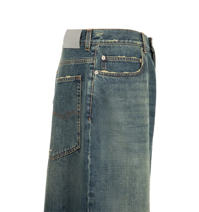 Image 3 of 3 - BLUE - Balenciaga Men's Denim Bermuda Shorts are crafted from cotton denim in a dirty vintage blue wash and feature a button closure and five belt loops. Two slash pockets, two open back pockets, and a grey debossed Balenciaga leather patch at the back complete the design. Main Material: 100% Cotton. Pocket Lining: 65% Polyester, 35% Cotton. Leather Detail: Cowskin. Made in Italy. 