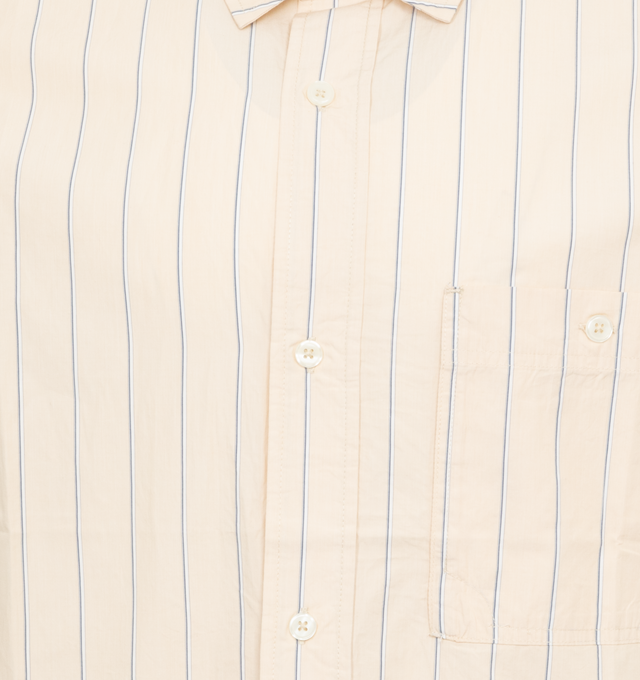 Image 3 of 5 - YELLOW - LITE YEAR Relaxed Button Up Shirt featuring classic collar, left front pocket, pearl buttons closures and Japanese type writer stripe washer cotton. 100% cotton. 