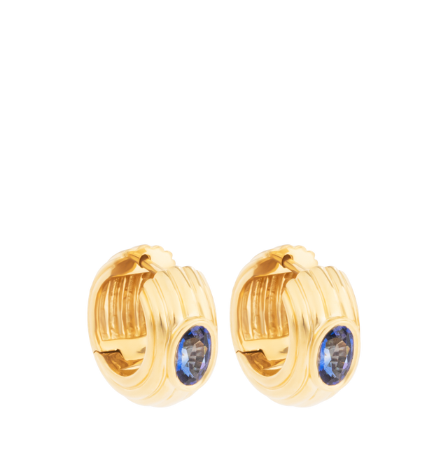 Image 2 of 2 - GOLD - SORELLINA Blue Sapphire Earrings featuring 18K yellow gold huggies with 1.18 ctw blue sapphire. Hirshleifers offers a range of initial pieces from this collection in-store. For personal consultation and detailed information about jewelry, please contact our dedicated stylist team at personalshopping@hirshleifers.com. This item may be restricted for online purchase to international clients. For assistance purchasing this item please contact our dedicated stylist team at personalshopping 