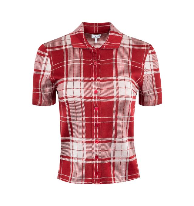Image 1 of 2 - RED - Loewe ultra-soft polo shirt featuring a red and white "picnic blanket" check print, point collar, button fastening and short sleeves. 89% Silk / 10% Polyamide / 1% Elastane. 