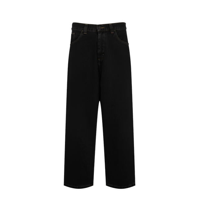 Image 1 of 3 - BLACK - Carhartt WIP Mens Brandon Pants are crafted from heavyweight Smith denim. Features a loose straight fit with a low crotch, slightly cropped inseam, back yoke, multiple pockets, zip fly, and woven Square Label. Main Material: 100% Cotton Denim. Made in Tunisia. 
