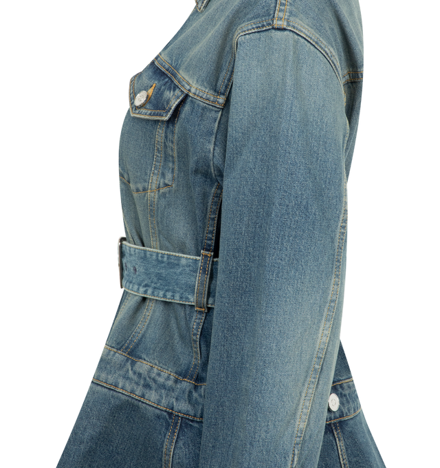 Image 3 of 3 - BLUE - Alaa Faded blue denim peplum jacket featuring a fitted cut, removable belt, contrasting topstitching, metal buttons. Made in Italy.  99% cotton 1% polyeurethane. 