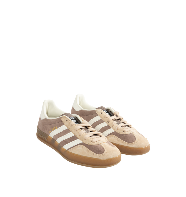 Image 2 of 5 - BROWN - Adidas Gazelle Suede Sneakers are a lace-up indoor style with satin uppers, suede and synthetic overlays, and gum outsoles. Textile linings.  