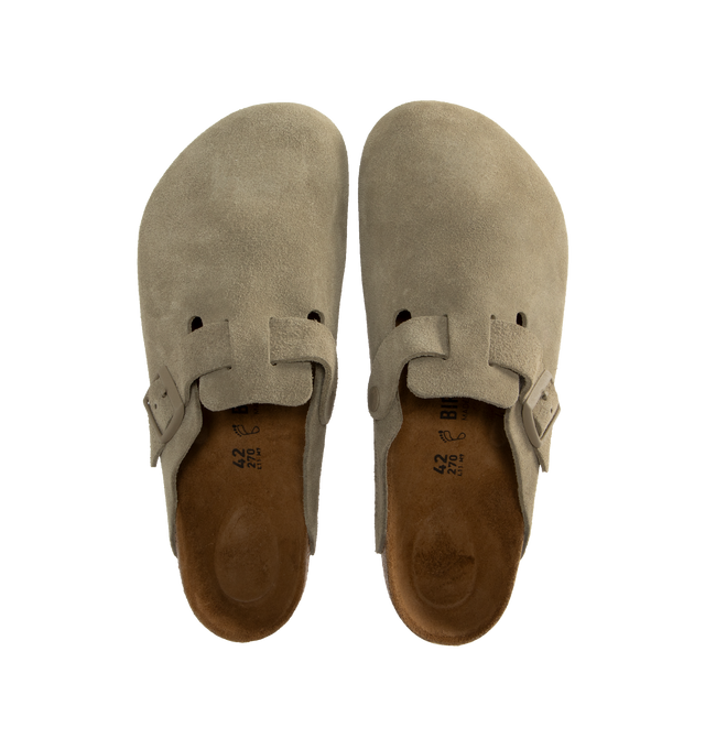 Image 4 of 4 - BROWN - BIRKENSTOCK Boston Soft Footbed Suede Slides featuring regular width, Cushioned BIRKENSTOCK soft footbed, classic suede upper, suede footbed lining, EVA sole is flexible and lightweight and adjustable strap with metal pin buckle. Upper material: suede. Insole: natural leather. Footbed material: cork. Outsole: EVA. Made in Germany. 