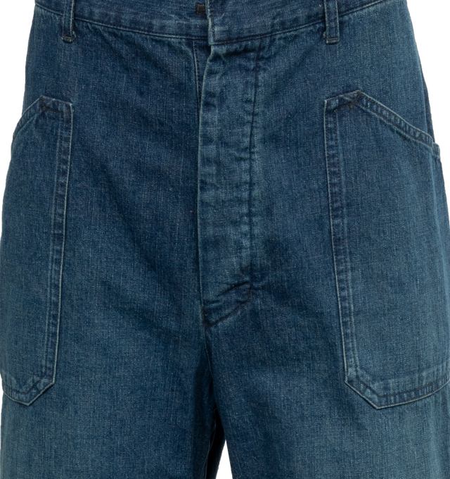 Image 4 of 4 - BLUE - Chimala IS Navy Denim Workpants in a dark wash with a loose and relaxed fit featuring slanted hip pockets, interior button closure, and a adjustable buckle and notched waist at the back. 100% cotton. Made in Japan. 