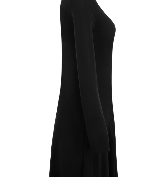 Image 3 of 3 - BLACK - The Row Women's Dina Dress is crafted from fluid matte viscose jersey and features a long-sleeve crewneck silhouette with a fitted bodice and flared skirt that falls just above the ankle. Designed with godet construction for fluid movement and a smooth, continuous drape, this designer dress is finished with a concealed center-back zipper closure. Main Material: 100% Viscose. Fit: Fitted Bodice with Flared Skirt. Neckline: Crewneck. Closure: Concealed Center-Back Zipper. Details: Godet 