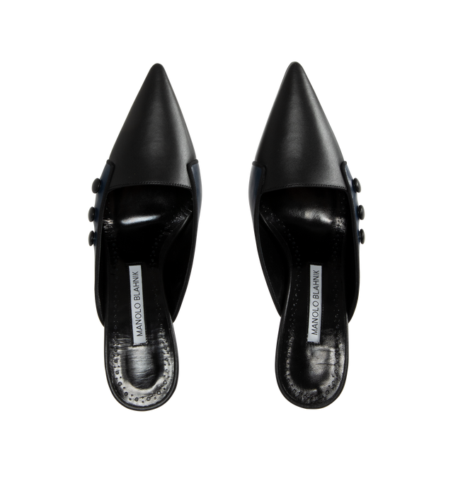 Image 4 of 4 - BLACK - MANOLO BLAHNIK Stateiramu Heeled Mules featuring pointed enclosed toe and mid stiletto heel. Heel measures 70 mm. 100% leather. Made in Italy. 