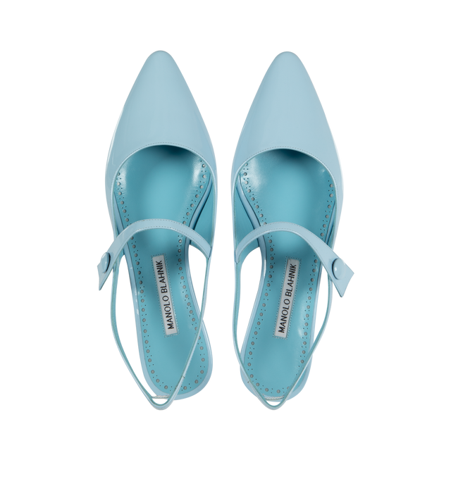 Image 4 of 4 - BLUE - MANOLO BLAHNIK Didionflat featuring patent leather, slingback flat pumps, front strap with button closure and flat stacked heel. Upper: 100% patent calf. Sole: 100% calf leather. Made in Italy. 