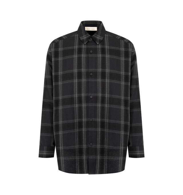 Image 1 of 2 - BLACK - Fear of God Essentials Mens Button-Up Shirt is crafted from cotton flannel. Features a relaxed fit, front button closure, shirt collar, barrel cuffs, contoured hem, and an Essentials logo label. Main Material: 100% Cotton Flannel.  