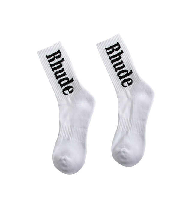 Image 2 of 2 - WHITE - RHUDE Logo Socks featuring calf-high knit stretch cotton-blend socks with jacquard logo graphic at rib knit cuffs. 60% cotton, 20% nylon, 12% polyester, 8% spandex. 