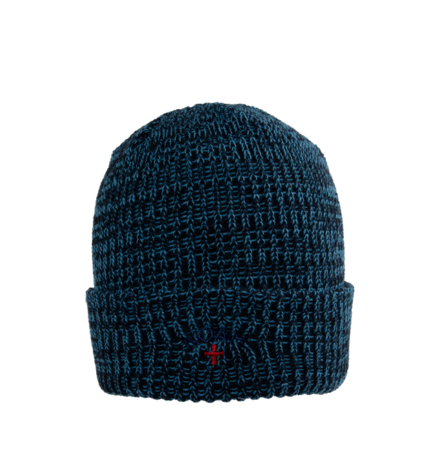 BLUE - NOAH Marled Logo Beanie featuring roll up brim and embroidered logo at the front. 100% acrylic. 