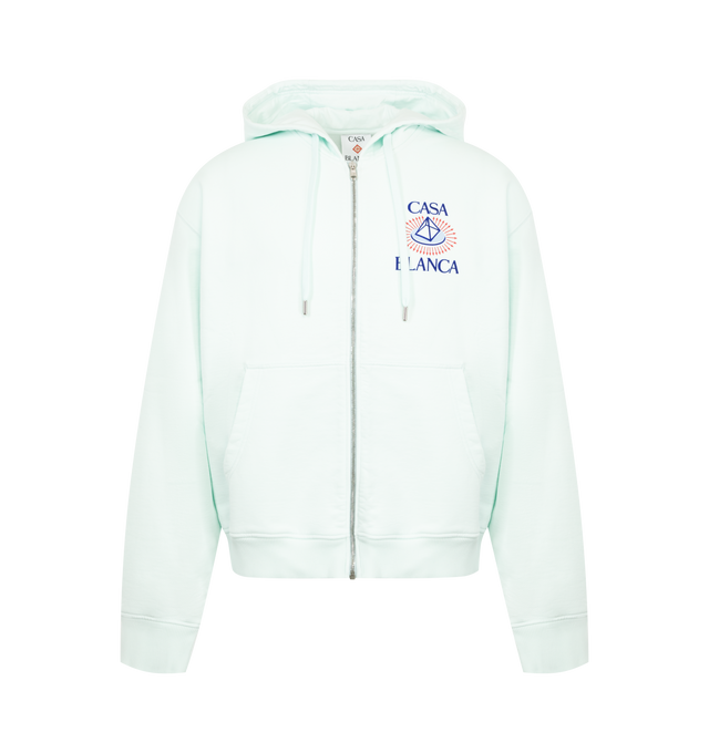 Image 1 of 2 - BLUE - Casablanca Men's Flock Printed Classic Zip-Up Hoodie is crafted from premium cotton and features a relaxed silhouette with a full-zip front, adjustable drawstring hood, ribbed trims, and flock-printed graphic artwork for a soft, textured finish. This designer zip-up hoodie combines exceptional everyday comfort with Casablanca's signature luxury sportswear aesthetic, creating an elevated layering essential for casual wear. Main Material: 100% Cotton. 