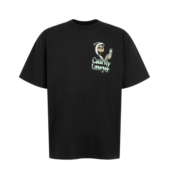 Image 1 of 2 - BLACK - The Men's Call My Lawyer T-Shirt by Market is crafted in a soft cotton construction and printed graphics repping your fave brand. The ribbed crewneck and dropped shoulders come together to give you a streetwear fit. Material: Cotton. 