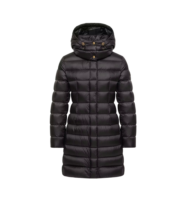 Image 1 of 1 - BLACK - Moncler Women's Hirmas Hooded Down Coat is crafted from polyamide and features a detachable hood, a cinched waist, and a streamlined quilted silhouette. Designed for versatile cold-weather wear, this down-filled coat is detailed with secure zipped pockets, leather trim accents, and a zipper front with snap-button fastenings. Main Material: 100% Polyamide. Lining: 100% Polyamide. Filling: 90% Goose Down, 10% Goose Feathers. Details: 100% Leather.  
