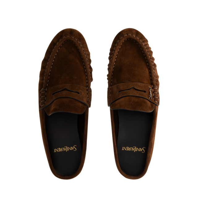 Image 4 of 4 - BROWN - SAINT LAURENT Le Loafer Moc featuring supple loafer mules decorated with the cassandre, a hand-stitched moc toe and leather sole. Calfskin. Made in Italy. 