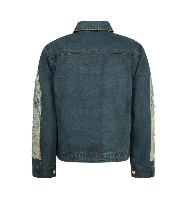 Image 2 of 3 - BLUE - WHO DECIDES WAR Mechanic Trucker Denim Jacket featuring a traditional fit with original stained-glass embroidered patchwork on the denim, button front closure, collar and button cuffs. 100% cotton.  