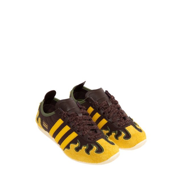 Image 2 of 5 - YELLOW - ADIDAS Japan Lo Brain Dead Sneaker featuring layered suede flame forms stitched onto the toe box and heel foxing, leather upper with toe box perforations, classic 3-Stripes branding and slim, flexible outsole. 