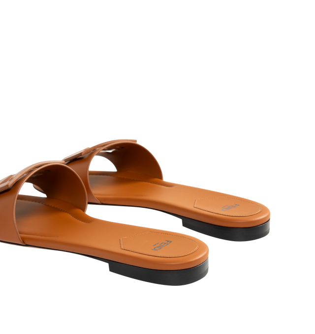 Image 3 of 4 - BROWN - FENDI Baguette Leather Slides featuring wide-band embellished with FF Baguette motif in tone on tone leather. 100% calfskin. Made in Italy. 