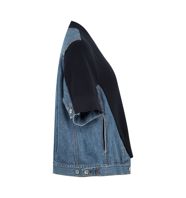 Image 3 of 3 - BLUE - SACAI Denim x Knit Cardigan featuring front button closure, short sleeves, irregular hem, v neck and paneled construction. 50% cotton, 49% polyester fiber, 1% polyurethanes. 