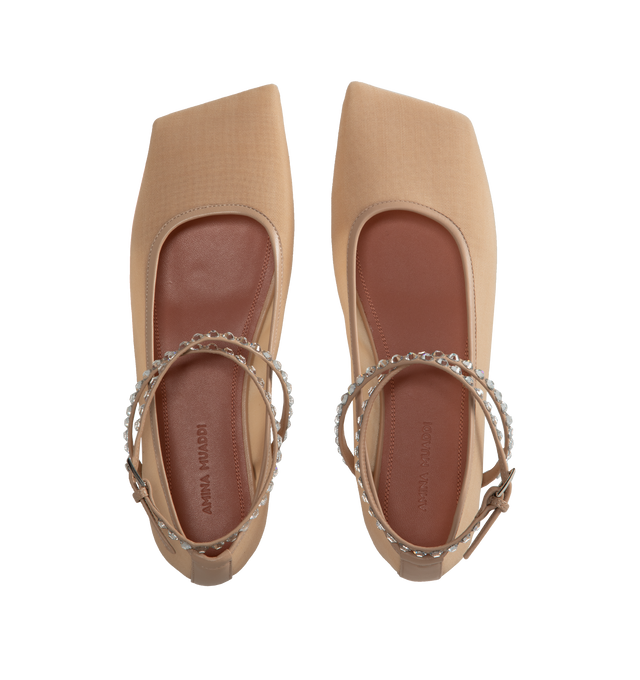 Image 4 of 4 - NEUTRAL - AMINA MUADDI Ane Mesh Crystal Flat featuring square toe, mesh upper and crystal embellished strap. 80% mesh, 20% lambskin. Lining: 80% mesh, 20% lambskin. Sole: 70% leather, 30% rubber. 
