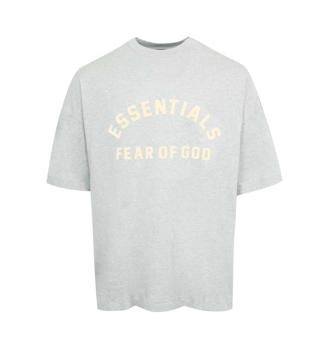 GREY - FEAR OF GOD ESSENTIALS Crewneck T-Shirt featuring rib knit crewneck, logo bonded at front, dropped shoulders, dolman sleeves and rubberized logo patch at back. 100% cotton. Made in Viet Nam.