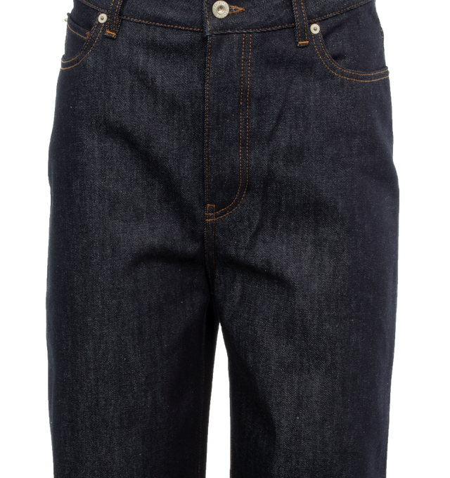 Image 3 of 3 - BLUE - LOEWE High Waisted Jeans featuring regular fit, long length, high waist, slouchy leg, concealed button fastening, five pocket style and LOEWE embossed leather patch placed at the back. 100% cotton. Made in Italy. 